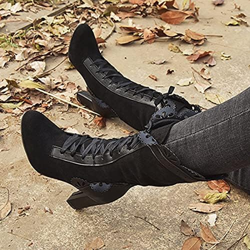 Botas de renda de Waserce para mulheres com salto gótico botas preto laço doce botas de bezerro de calcanhar de salto médio