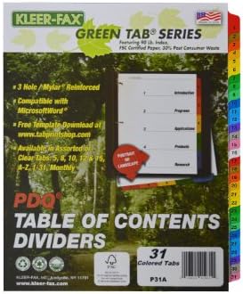 Kleer-Fax PDQ Table Índice Divisores, 31 guias Conjunto, um conjunto, cores variadas