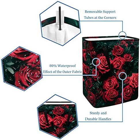 Cesto de armazenamento de rosas vermelhas, cesto de lavanderia grande com alças lixeiras de armazenamento dobráveis ​​para quarto