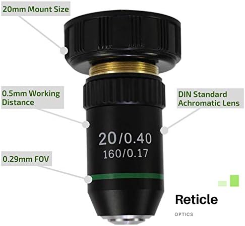 Reticular óptica 20x Lente objetiva do microscópio | Padrão DIN 160/.17 | Interface 20.2mm | Lente objetiva de qualidade