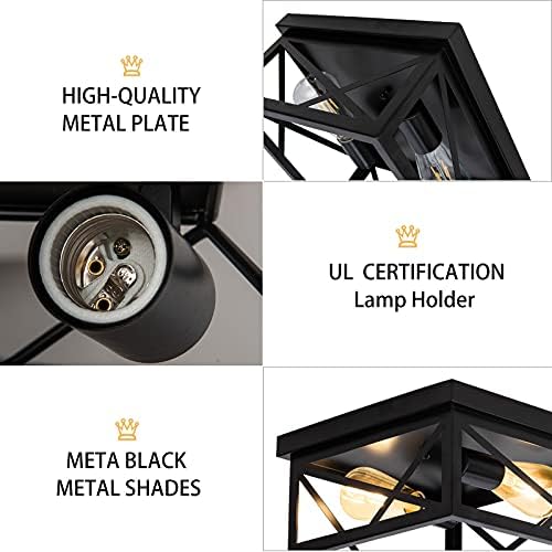 Wnomdy Metal Industrial Close to Teto Light Feltures, 2 Luzes Matte Black Square Cage Farmhouse Semi Flush Mount Teto