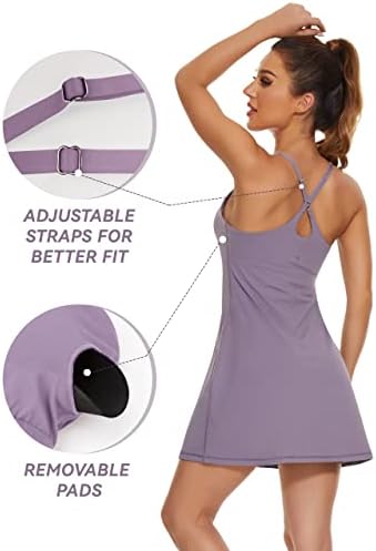 Vestido de tênis feminino, vestido de treino de golfe 2 em 1 com bolsos embutidos de sutiã e shorts, vestidos atléticos com cinta ajustável