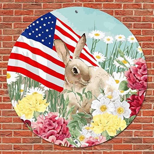 Placa de metal vintage Placa Patriótica Estrelas Americanas e Stripes Sinaliza Rabbit e Flores de Daisy Placa retro da parede retro