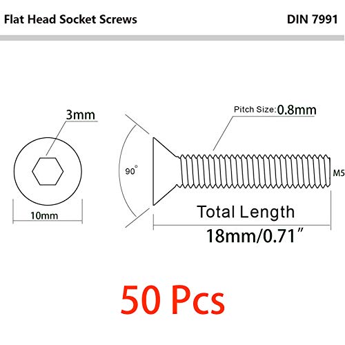 50 PCS M5-0,8 x 18mm parafusos de tampa de tampa de cabeça plana, aço inoxidável 18-8, acabamento brilhante, acionamento