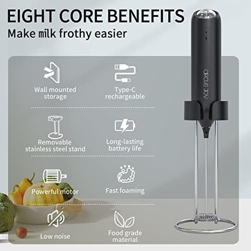 Circle Joy Milk Frother Handheld, Frother para café, bebida recarregável USB-C, batedor elétrico com suporte e carregador integrado, Mini Mixer Wand Mount para Matcha, Black