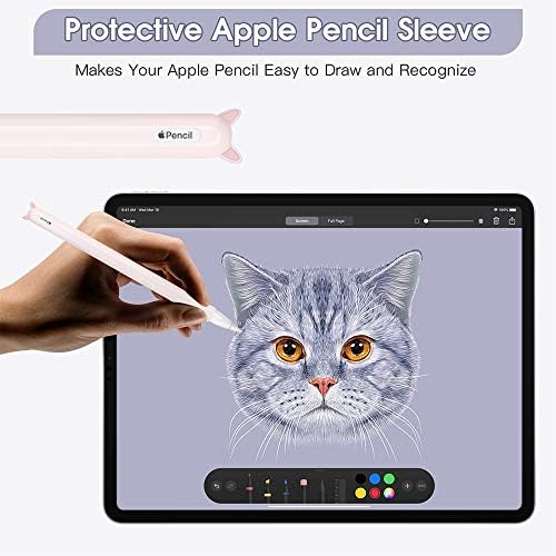 Caixa de 2 pacote para Apple Pencil Lápis Apple Acessórios de alça de capa de suporte de 2ª geração, pele de silicone de gato fofo com tampa de carregamento e 2 tampas de ponta de proteção para iPad Pro 9.7/10.5/12.9-rosa, roxo