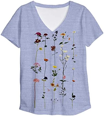 Tops florais femininos de manga curta V camiseta de pescoço bloco de cor de cor de túnica de túnica de ajuste relaxado camisetas
