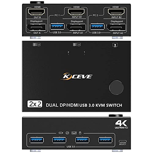 DP KVM Switch 2 Computador 2 Monitores ， MST KVM Monitor duplo Suporte a modos de extensão e espelho, Monitor HDMI e DP