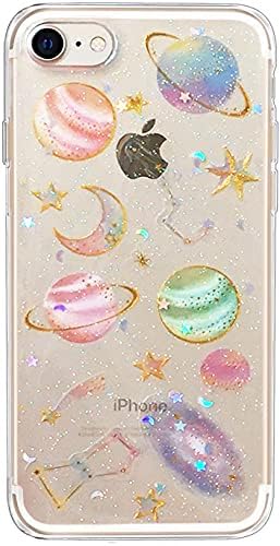 Abbery para iPhone SE 2022/SE 2020 Case Moon Stars, fofo claro com design Ultra Fin Bling Glitter Glitter Space Space Shiny Sparkle