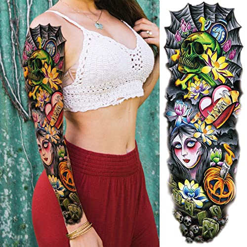 Manga de tatuagens temporárias coloridas para crianças, braço completo grande realista de tatuagem de manga falsa para mulheres favores
