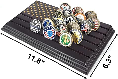 Lzwin 6 linhas Desafio Coins Stand Display Rack Militar colecionável Coin Case de madeira American Flag Design