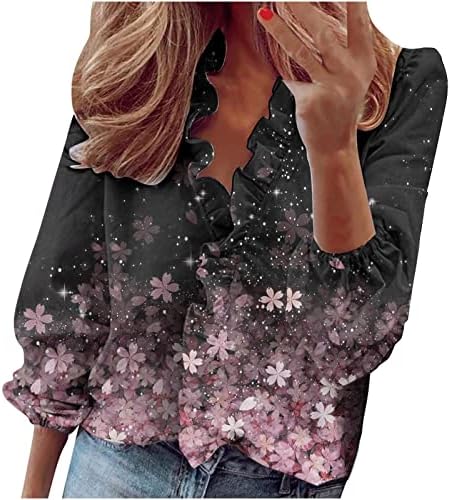 Mulheres de botão para baixo camisas, mulheres agitadas de manga comprida tampos de blusa boho impressão floral tshirts casual blusa de túnica de decote em V