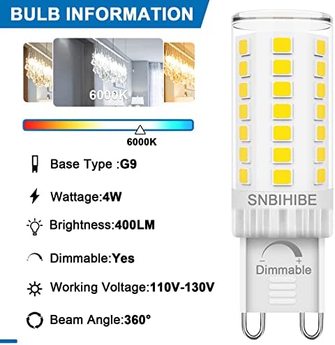 G9 LED BULB Dimmable, 40 Watt T4 G9 equivalente a halogênio, sem lingueta, luz do dia 6000k, base de pinos de cerâmica, iluminação lustre, 120V 4W 400lm, 6-pacote