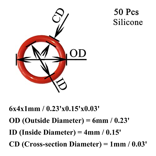 OFOWIN [50 PCS] O-RINGS SILICONE RED 6,5 mm OD 4,5 mm ID 1 mm Largura, junta métrica de vedação VMQ para tampas de xícara, cafeteira,