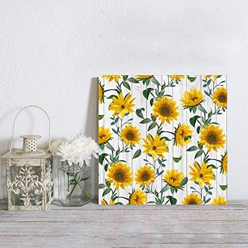 Doremihome Sunflower Artwork Pintura em tela, tenda de parede decorativa impressões de lona para a sala de estar decoração de parede de banheiro de 8x8 polegadas, flores amarelas de verão com folhas verdes grãos de madeira