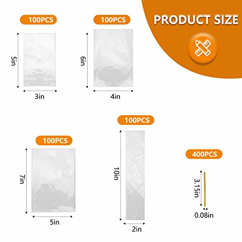 NEOACT 400 PCS Clear Sacos planos de celofane com 3x5,4x6,5x7,2x10, os sacos de tratamento com laços são bons para