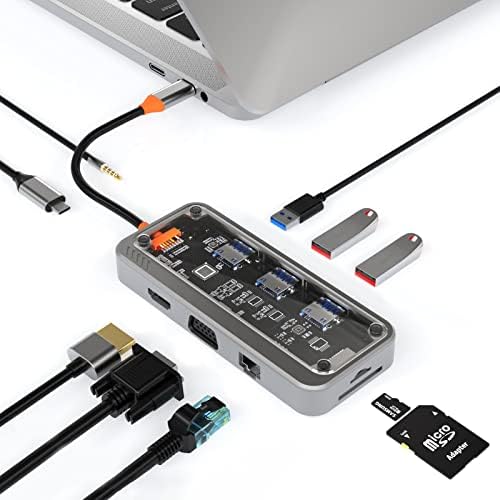 MUULAII TRANSPARENTE USB C Hub 10 em 1 dongle com Adaptador Ethernet Tipo C USB3.0/USB2.0 4K@30Hz HDMI VGA SD/TF LEITOR USB-C