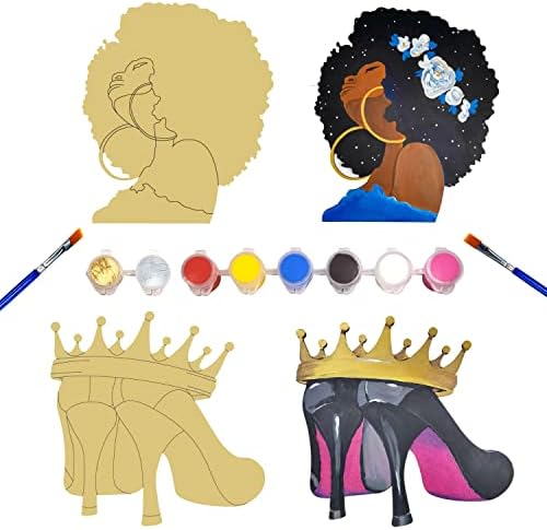 2 PACK PINTURA E KIT SIP, superfícies de pintura de madeira de 12 , elegante mulher negra e coroa no sapato, inclui tinta, pincéis, avental, guardana