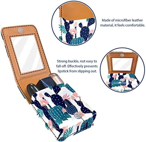 Caixa de batom de padrão floral de plantas cactus com espelho para couro de bolsa, bolsa de porta -maquiagem cosmética, segura 3 tubos de tamanho normal