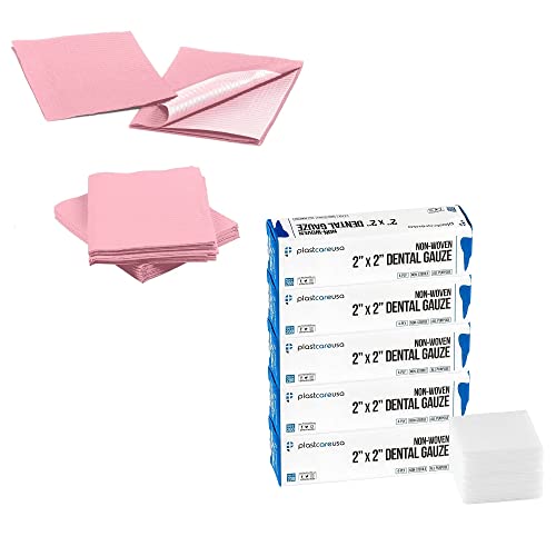 PlastCare USA Pink Dental Dental Bibs e 1000 4 Ply 2x2 Pacote de esponjas de gaze não tecido