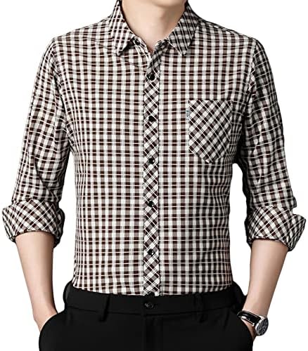 Homens com colarinho de lapela bolso tampo tampo de linho de algodão camisa xadrez de moda de manga comprida Botão casual para baixo camisa