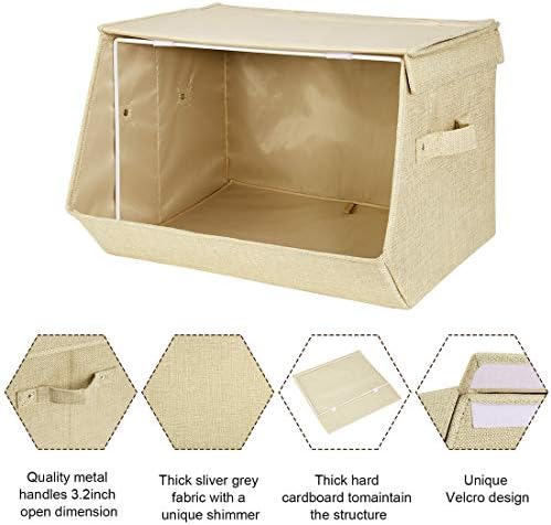 I BKGOO Conjunto de 2 caixas de armazenamento empilhável Organizador dobrável Organizador de armazenamento Cubos Caixa de tampas e caixas de organizador de armazenamento de mão própria para sala de estar em casa Khaki 15x10.5x10 polegadas
