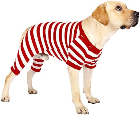 Pijama para cães para cães grandes, macacão de algodão térmico pjs com tampa de puplo de Natal, traje de cachorro listrado para cães