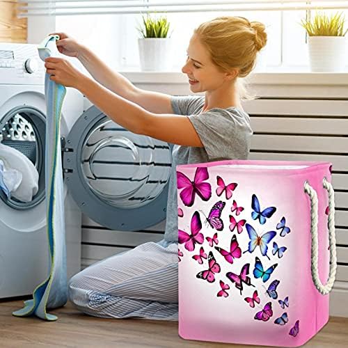 Deyya Pink Butterfly Laundry Basket com alças dobráveis ​​cesto de lavanderia embutida forro com suportes destacáveis ​​Organização