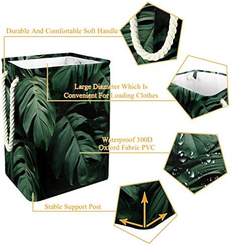 Lavanderia cesto de planta tropical folhas exóticas verdes cesto de armazenamento de lavanderia dobrável com alças suportes
