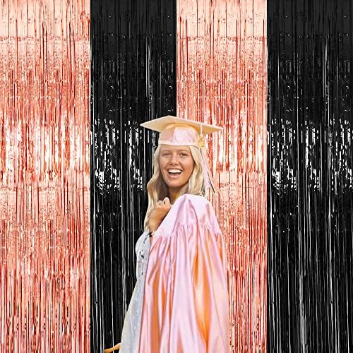 4 pacotes de 3,3 pés x 8,2 pés de formatura decorações de festa de graduação rosa ouro preto preto alumínio cortinas de franja para casa de formatura de graduação ao ar livre
