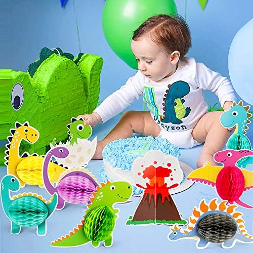 Mocoosy 12 PCs Dinosaur Party Honeycomb Centerpieces & 96 PCs Placas de festas de dinossauros e guardanapos, dino placas