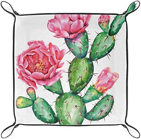 Cactus Plant Flower Plant Organizer Office Microfiber Couro Bandejas de armazenamento prático para carteiras teclas e equipamentos de escritório, 16x16cm