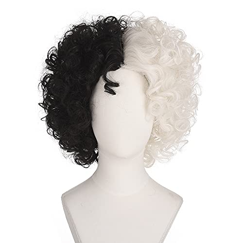 Fyxzhuo curto curto preto e branco Cruella Devil Cosplay Wig Wig Women resistente ao calor Play Play Hair Wig para Halloween