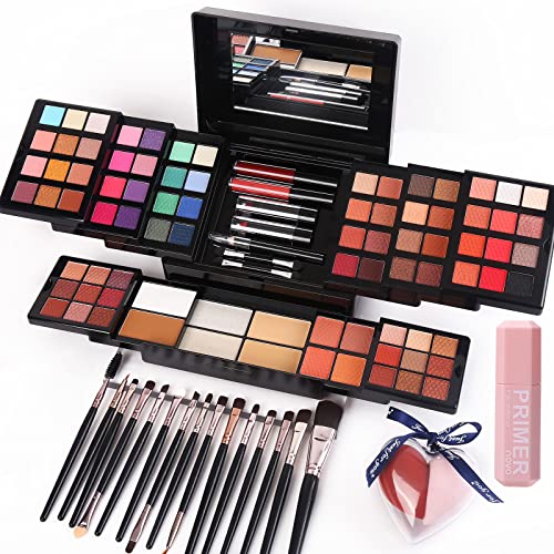 Conjuntos de presentes de maquiagem para kits completos de mulheres - 84 cores Paleta de maquiagem contém sombra, blush, brilho labial, batons, marcador, contorno, lápis de delineador, espelho + 15pcs de maquiagem + 2pcs de formato de coração Puff + Primer de base de olhos em uma caixa de maquia