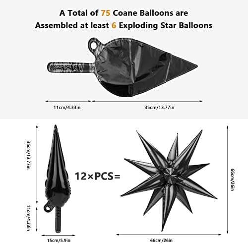 75pc Black Mylar Starburst Balloons Balloons Fail Explosion Star Balloons, 26 polegadas de 12 polegadas Cone Spike Balões