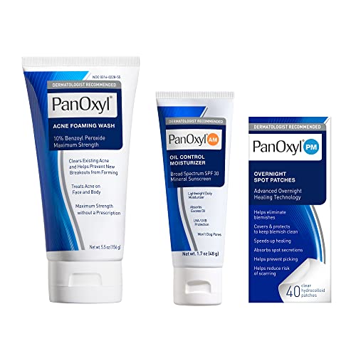 Panoxyl 10% Benzoy Peróxido de lava -espumação de acne, hidratante de controle de óleo e pacote de remendos