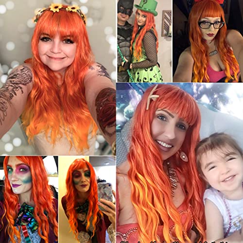 Peruca de incêndio de chama ombre laranja ombre com franja longa cachear ondulada ombre laranja peruca para mulheres meninas meninas