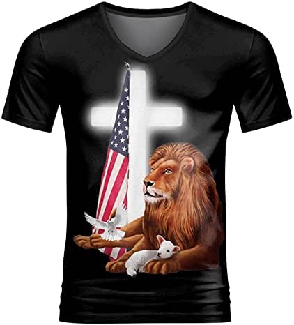 XXBR Mens Soldado T-shirts de manga curta 3D Jesus Cross Lion Print Patriótico Tops, 2022 New Summer V Neck Tre camiseta