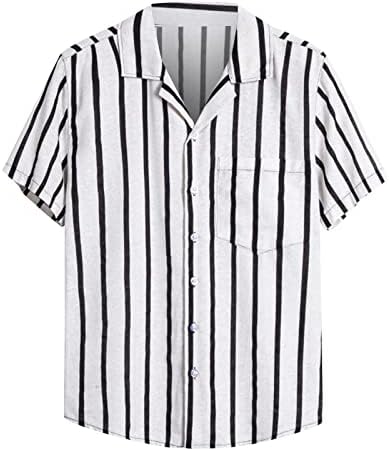 Camisa de bloco de cores masculina, botão listrado de manga curta Guayabera camisas regulares de bolso cubano de colarinho