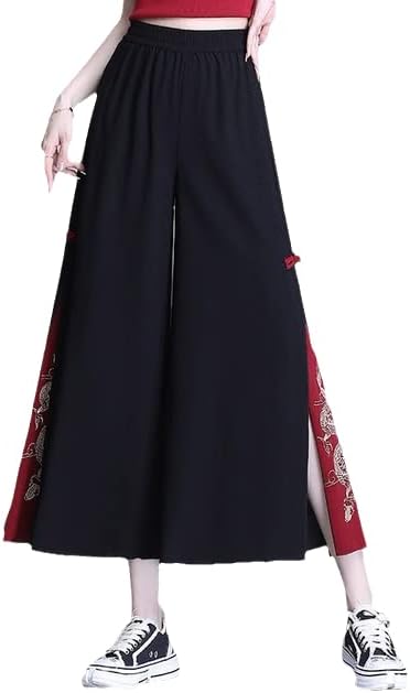 Uktzfbctw estilo chinês de verão feminino chiffon hippie étnico bordado preto bordado calças largas calças kimonos color4 m