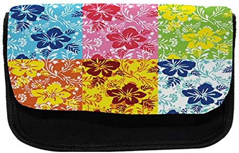 Caixa de lápis havaiana lunarável, flores coloridas de hibisco, bolsa de lápis de caneta com zíper duplo, 8,5 x 5,5, verde