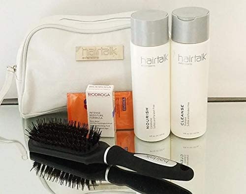 Extensões de Hairtalk Conjunto: Shampoo de limpeza 8 onças e condicionador nutritivo 8oz + bolsa grátis, pincel, cabelo e amostras de cuidados com a pele