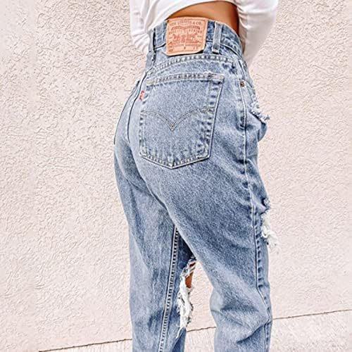 Miashui Womens Plus Size calça com bolsos jeans de jeans de bolso de bolso de jeans com moda larga e rasgada