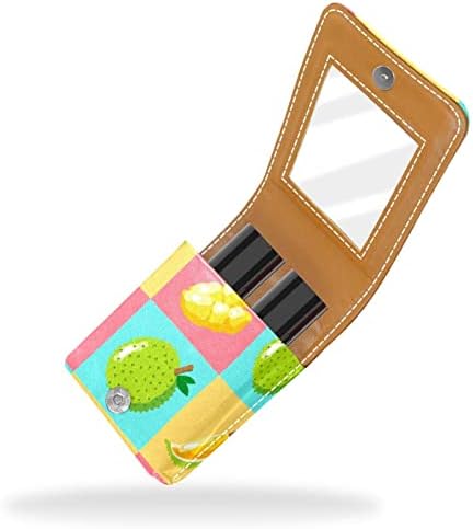 Mini maquiagem de Oryuekan com espelho, bolsa de embreagem Leatherette Lipstick Case, Durian de frutas de desenho animado colorido