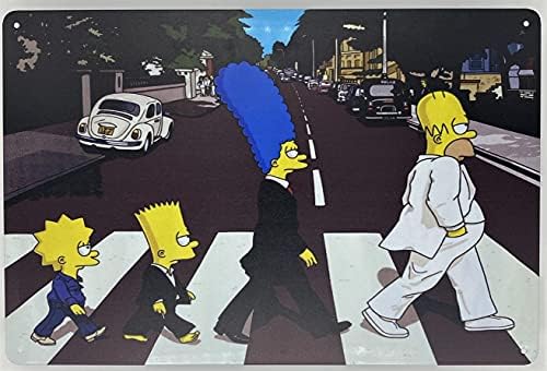 Sinal de lata de metal | Pôster de parede | Os Simpsons em Abbey Road como os Beatles 8 x 12 pol. Sinal decorativo divertido para o quarto de barra de barra de garagem Homem caverna e placa ao ar livre