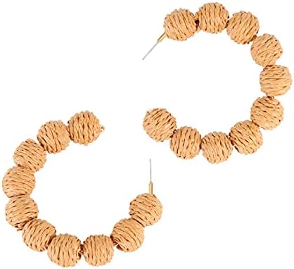 Brincos exagerados de rattan retro grandes brincos leves, forma geométrica, brincos boêmios de palha de palha artesanal tecida Big Circle 925 Brincos de argola de prata para mulheres e meninas