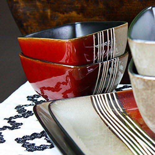 Conjunto de pratos de utensílios de coleta de loft de Elama Square Shotware, 16 peças, vermelho e bronzeado com detalhes