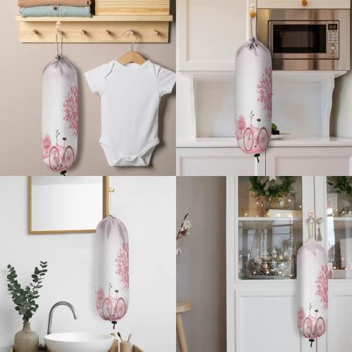 Treça de flor rosa grande portador de bolsa de mercearia, organizador de sacola plástica de bicicleta rosa com dispensador de armazenamento de mercearia lavável em loop pendurado para o escritório de cozinha em casa