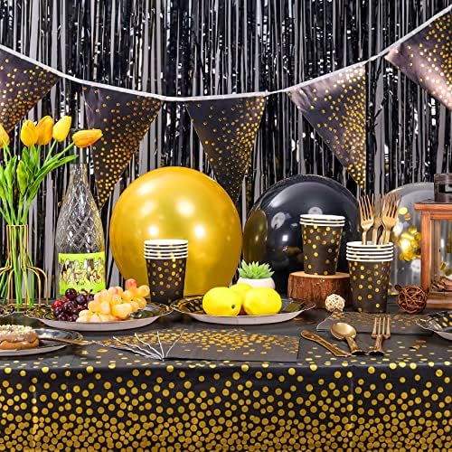 O Joyypop Black and Gold Party Supplies serve 25 conjuntos de jantares descartáveis ​​177 PCs Decorações de festas de ouro preto, incluindo Banner de toalhas de mesa para festa de formatura, aniversário, aniversário