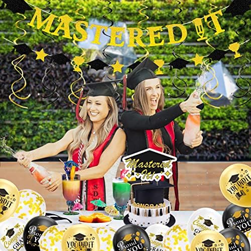 Dominada a turma de decorações de graduação de 2023, banner de decoração de tampa de formatura Black Glitter, masterizou o topper de bolo, balões de ouro preto de formatura, turma de 2023 Parabéns Supplies de festa de graduação